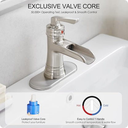 Brass Brushed Nickel Bathroom Faucet 3 Hole 4 Inch Waterfall Bathroom Faucet Single Hole, 1 Handle with Pop-up Drain, Deck Plate, cUPC Supply Pipes for Vanity, Restroom, 5 Mins Quick Install - color: Brushed Nickel