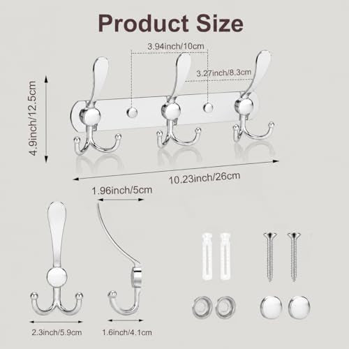 YUNISS Coat Rack Wall Mounted，5 Tri Stainless Steel Coat Hook for Coat Hat Robes Towel in Mudroom Entryway (Sliver, 2 Pack 3 Hook) - color: Sliver, size: 2 Pack 3 Hook