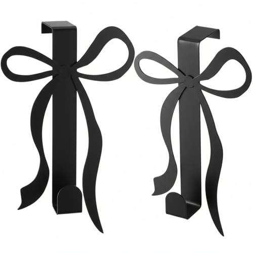 2 Pack Black Bow Over The Door Hooks Metal Strong Door Hanger Hooks Coquette Bow Bathroom Decor Accessories for Cabinet Bath Bedroom Living Room Kitchen Hanging Clothes Towels Hats Coats Bag - color: Black