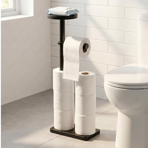Toilet Paper Holders Free Standing, Holds up to 7 Rolls Toilet Paper Stand with Storage, Bathroom Toilet Paper Organizer with Top Shelf for Small Items, 1-Min Rotating-Lock Assembly, Black,L - color: Black