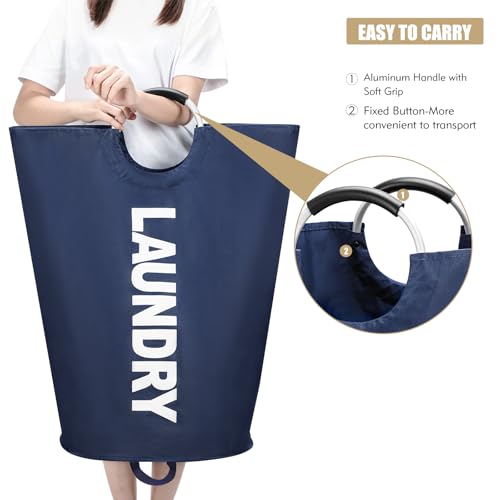 Maxsilan 90L Large Laundry Basket Bag, Collapsible Tall Hamper, Dark Blue | Freestanding tall laundry bag & foldable washing basket. Large capacity clothes storage bin with durable sturdy handles - color: Dark Blue, size: 90L