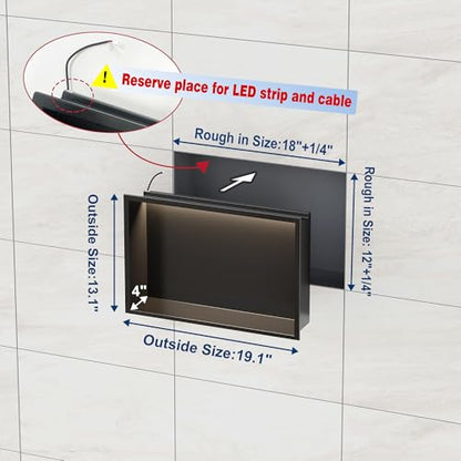 18"x12"Black LED Shower Niche,3 CCT Dimmable Light, No Tile Needed | 304 Stainless Steel Bathroom Niche w/ Light(3000K/4000K/6000K), IP66 Waterproof, Space Saving & Durable ,LED Driver Included - color: Matte Black, size: 18X12In