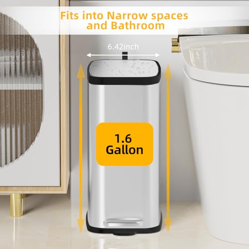 KdbK Stainless Steel Bathroom Trash Can with Lid Soft Close,1.6 Gallon Slim Garbage can,Small Metal Step Wastebasket for Office, Bedroom, Toilet, Live Room - color: Silver