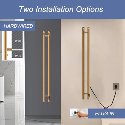 Heated Towel Rack, Towel Warmer with Timer, Wall Mounted hot Towel Warmer Rack for Bathroom, Hardwired or Plug-in Models Vertical Towel Heater, 2 Vertical Rack Round Design (Gold) - color: Gold