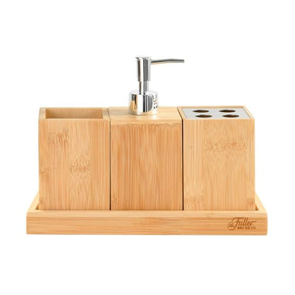 Fuller’s Bamboo Bathroom Counter Set – Eco-Friendly & Water-Resistant Sink Organizer | 4-Piece Vanity Tray, Soap Dispenser, Toothbrush Holder & Storage Container
