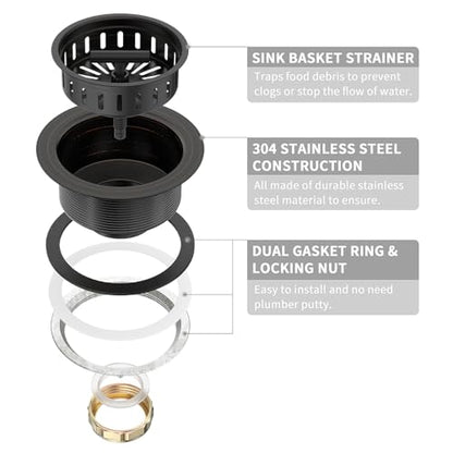 KONE 3-1/2 Inch Bronze Kitchen Sink Drain Assembly Kit - Oil Rubbed Bronze Stainless Steel with Strainer Basket/Drain Stopper - color: Oil Rubbed Bronze