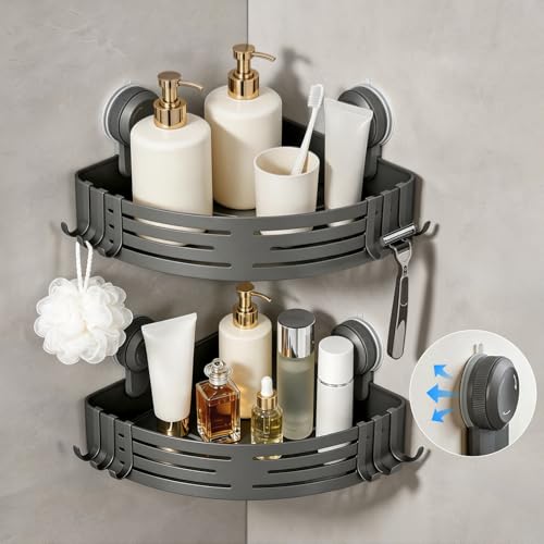 Lekesky Corner Shower Caddy Suction Cups, No Drilling Bathroom Shower Shelf | Aluminum, Rustproof, Suction Cup Can Remove and Reposition, Can hold up to 22 pounds, Also Can hold large shampoo bottles - color: Gunmetal Gray