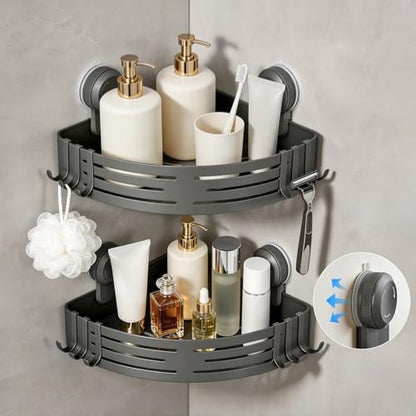 Lekesky Corner Shower Caddy Suction Cups, No Drilling Bathroom Shower Shelf | Aluminum, Rustproof, Suction Cup Can Remove and Reposition, Can hold up to 22 pounds, Also Can hold large shampoo bottles - color: Gunmetal Gray