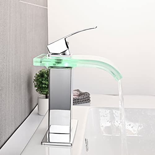 AVSIILE LED Bathroom Sink Faucet, Chrome Waterfall Single Hole Handle Vanity Faucets for Sinks 1 Hole with Metal Pop Up Drain and 2 Water Supply Lines, Wide Glass Spout - color: Chrome