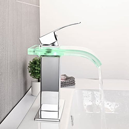 AVSIILE LED Bathroom Sink Faucet, Chrome Waterfall Single Hole Handle Vanity Faucets for Sinks 1 Hole with Metal Pop Up Drain and 2 Water Supply Lines, Wide Glass Spout - color: Chrome