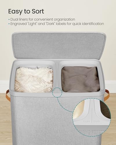 SONGMICS Laundry Basket, 44.9 Gal. Laundry Hamper, 2 Compartments, Easy Assembly, with Lid and Handles, Removable Inner Bags, 22 x 15.7 x 29.5 Inches, Dove Gray ULCB813G01 - color: Dove Gray, size: 170 L (2-Section)