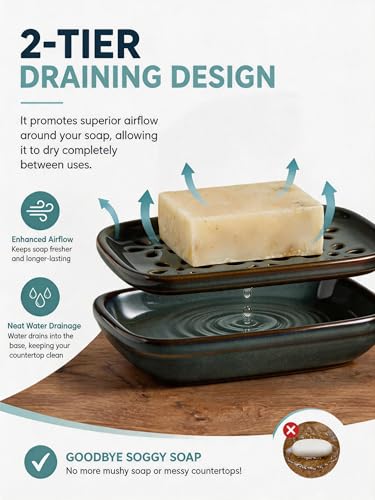 Miamolo Soap Dish for Shower, Bar Soap Holder 2 Layer Draining, Mess-Free | Ceramic Soap Saver Hold 2 Bar Soaps Shampoo Conditioner Sponge | Removable Drip Tray for Bathroom Sink Tub Kitchen, Gray Blue - color: Gray Blue