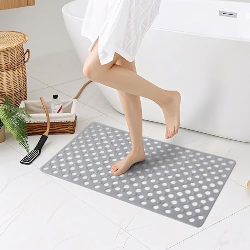 Non Slip Bathtub Mat and Shower Mat 31x17 inch,Bath Mat with Quick Dry Drain Holes and Suction Cups, Soft Comfortable Safe Bathroom Mat for Bath Tub, Floor, Tile (Grey) - color: Grey