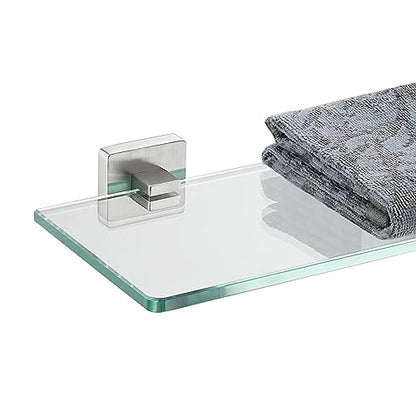 JQK Bathroom Glass Shelf, Tempered Glass Shower Storage 12 by 5 inches, 304 Stainless Steel Brushed Finish Wall Mount, TGS201L12-BN - color: Brushed Steel, size: 12 Inch