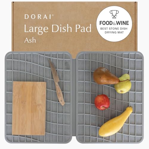Dorai Home Dish Pad - Collapsable Stone Dish Drying Mat with Diatomaceous Earth for Quick Drying - Ultra Absorbent - Encased in Silicone - Eco-Friendly, Foldable - Large 24.6" x 16.5", Ash - color: Ash, size: Large