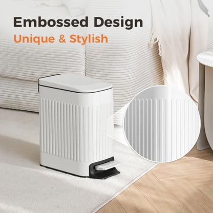 TrashAid Slim Bathroom Trash Can with Lid Soft Close & Pedal, 1.6Gal, White | Removable Inner Bucket, Stainless Steel Garbage Can, Small Wastebasket for Toilet/Office/Bedroom, Retro Design, Odor Control - color: White
