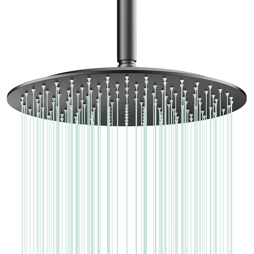 All Metal Rain Shower Head - Heavy Duty Stainless Steel, Easy Install, High Water Flow, Ultra-Thin Modern Design for Bathroom (D-Matte Black, 12) - color: D-Matte Black, size: 12