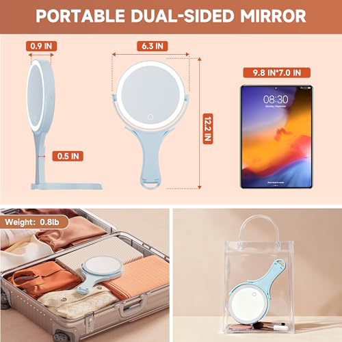 Hasipu Makeup Mirror with Lights 2000mAh Rechargeable Travel Mirror | 1X/10X Magnifying, Phone Stand Design, Rechargeable, 360° Rotatable, 3 Color Dimmable, Tabletop, Handhold, Hanging, Blue - color: Blue