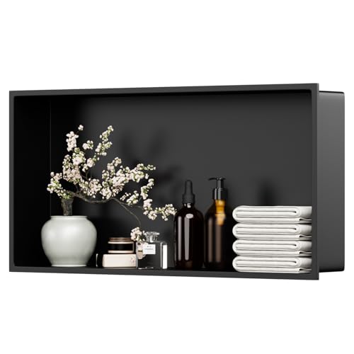 24×12 Stainless Steel Shower Niche,No Tile Required Shower Niche | Recessed Shower Niche,Stainless Steel, Matte Balck, Wall Mount Bathroom Storage,Easy to Install,Inner Size: 23.2" × 11.2" - color: Matte Black, size: 24W * 12H (Single Shelf)