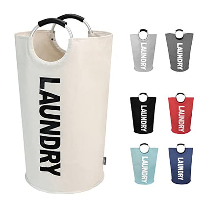 DOKEHOM 90L Large Laundry Basket Bag, Collapsible Tall Hamper, Beige | Freestanding tall washing bin & foldable laundry bag. High-capacity clothes storage basket with durable sturdy handles - color: Beige, size: 90L