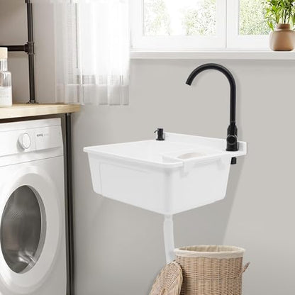 Wall-Mounted Utility Sink Tub Kit with Aluminum Alloy Faucet and Soap Box,Black Anti-clogging Laundry Sink for Bathrooms, Sundry Rooms, Garages(20.08 * 17.52 * 9.45in) - color: White