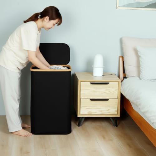 TFLC 100L Large Laundry Hamper with Lid Dirty Clothes Hamper, Black | Narrow Foldable Slim Laundry Basket with Bamboo Handles, Tall Skinny Hamper for Dorm, Bathroom & Bedroom - color: Solid Black