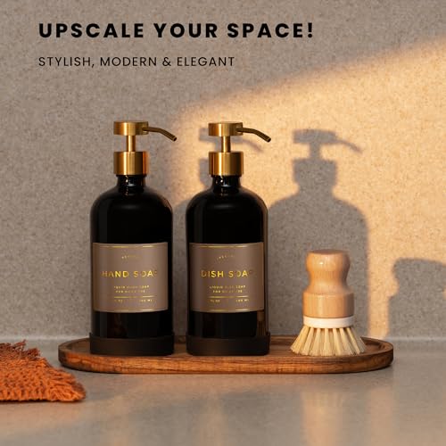 Hand and Dish Soap Dispenser for Kitchen and Bathroom, Set of 2 16 Oz Glass Bottles, Stainless Steel Pumps, Non-Slip Silicone Base, 27 Waterproof Labels (Gloss Black Bottle/Brushed Gold Pump) - color: Gloss Black Bottle / Brushed Gold Pump