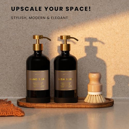 Hand and Dish Soap Dispenser for Kitchen and Bathroom, Set of 2 16 Oz Glass Bottles, Stainless Steel Pumps, Non-Slip Silicone Base, 27 Waterproof Labels (Gloss Black Bottle/Brushed Gold Pump) - color: Gloss Black Bottle / Brushed Gold Pump