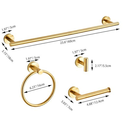 Brushed Gold Bathroom Hardware Set 5 Piece with Towel Racks for Bathroom, SUS304 Stainless Steel Bath Towel Bar Set, 24 Inch Wall Mounted Accessories Kit… - color: Brushed Gold