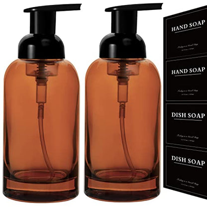 2 Pack Foaming Soap Dispenser, 12.7 Oz Thick Glass Pump, Amber | Refillable Foam Soap Bottles for Hand Soap and Body Wash, Ideal for Bathroom Countertop, Kitchen Sink and More - color: Amber