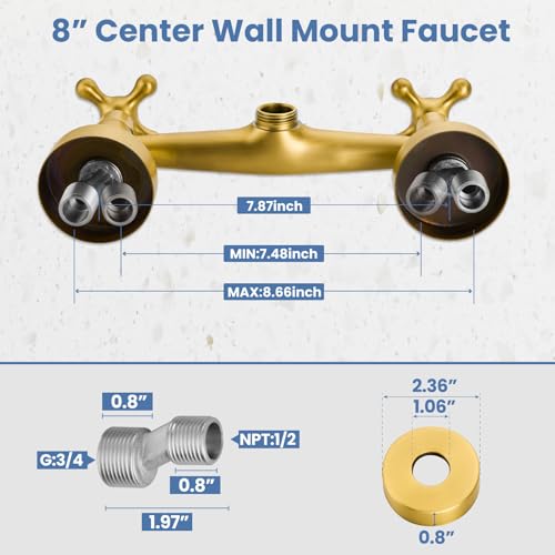 Airuida Antique Brass Wall Mounted Kitchen Faucet,Utility Sink Faucet | 8 Inch Adjustable Center,360° Swivel Spout,Wall Mount Commercial Faucet,Double Cross Handle - color: Antique Brass