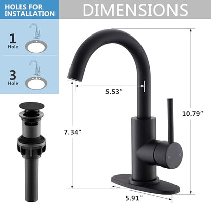 Black Bathroom Faucet | Matte Black Vanity Faucets with Pop-Up Drain, Modern Single Hole Bathroom Sink Faucets with Deck Plate Single Handle Lavatory Faucet 360° Swivel Spout Bar Sink Faucet - color: Black