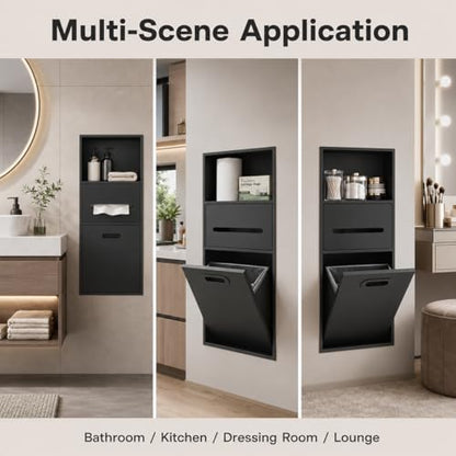 Recessed Trash Can and Storage Niche Combo, Stainless Steel in-Wall Mounted Cabinet with Toilet Paper Holder – 2-in-1 Hidden Tilt-Out Bin for Bathroom, Bedroom, or Kitchen