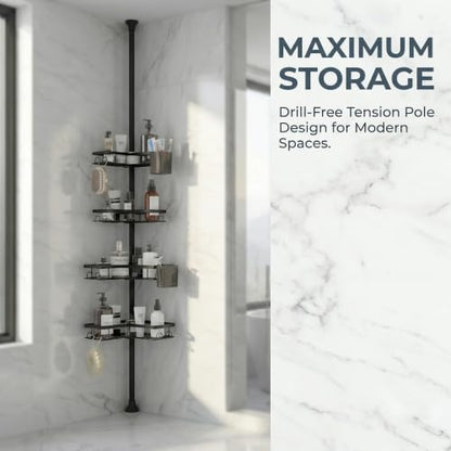 Tension Pole Shower Caddy, 4-Tier Corner Organizer with Hooks & Side Boxes, Thickened Carbon Steel No-Drill Standing Bathroom Storage for Tub & Shower