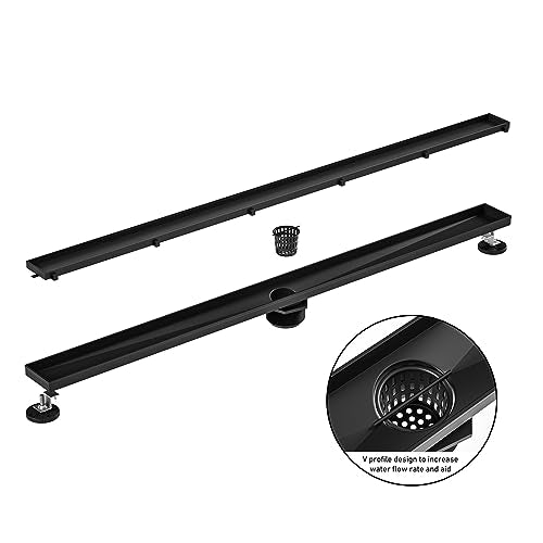Linear Shower Drain 36" Matte Black 304 Stainless Steel | Fast Drainage | Tile Inserted | Stainless Floor Drain Grate | Hair Strainer | Drain Key | The Upgrade for Your Bathroom - size: 36 Inch