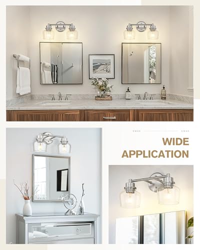 Emak 2-Light Vanity Lights, Brushed Nickel Bathroom Lights Over Mirror with Clear Glass Shade, Modern Bathroom Wall Sconces, VL122-BN-CG-2 - color: Brushed Nickel & Clear Glass, size: 2 Light