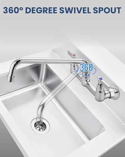 Airuida 8 Inch Chrome Polish Wall Mounted Kitchen Faucet with 12 Inch Spout | Commercial Sink Faucet,Dual Handles,Utility Sink Faucet,360° Swivel Spout - size: 12 Inches Spout