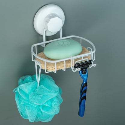 HASKO Suction Cup Soap Dish for Shower Wall, Rustproof Stainless Steel, Shower Soap Holder with Hooks for Bathroom, Includes Optional No Drill Adhesive Mount and Soap Saver, White - color: White