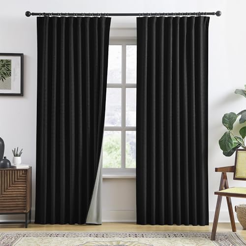 Linen Blend Blackout Curtains 50 x 84 Inch Long- Black 2 Panels Set | Black Out Privacy Back Tab Rod Pocket Room Darkening Textured Curtain Window Drapes for Bedroom Living Room - color: Black, size: 50"W x 84"L (Pack of 2)