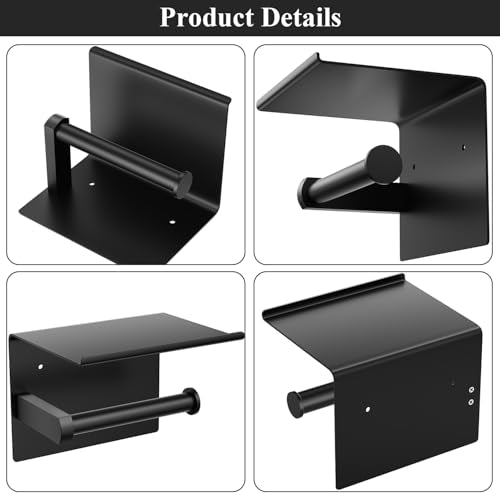Tindbea Mega Size Toilet Paper Holder with Shelf + Towel Robe Hooks, Adhesive or Screw Wall Mounted Toilet Paper Roll Holder, Stainless Steel Bathroom Hardware Set (Matte Black)… - color: Matte Black, size: Large