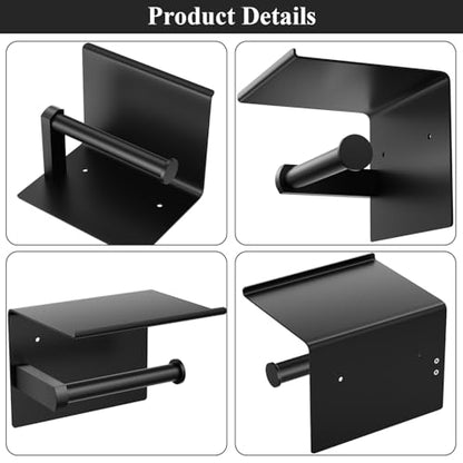 Tindbea Mega Size Toilet Paper Holder with Shelf + Towel Robe Hooks, Adhesive or Screw Wall Mounted Toilet Paper Roll Holder, Stainless Steel Bathroom Hardware Set (Matte Black)… - color: Matte Black, size: Large