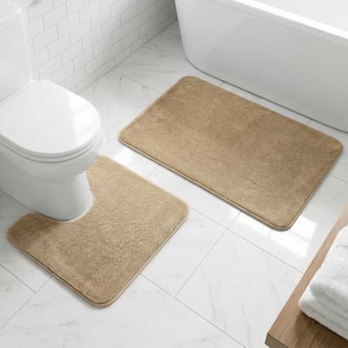 Muddy Mat® CloudStep Bathroom Rugs 2 Piece Set, Non Slip Bath Mats for Bathroom, Absorbent Memory Foam Chenille, Machine Washable Quick Dry Toilet Rug Set, Beige 20"x30" + 20"x20" U-Shaped - color: Beige