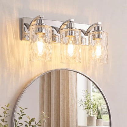 3-Light Bathroom Light Fixtures Modern Chrome Vanity Lights | Easy to Install Clear Hammered Glass Shades, Rippled Glow, Wall Mount Up or Down, E26 Socket, Hardwired, 120V - color: Chrome Hammer, size: 3 Lights