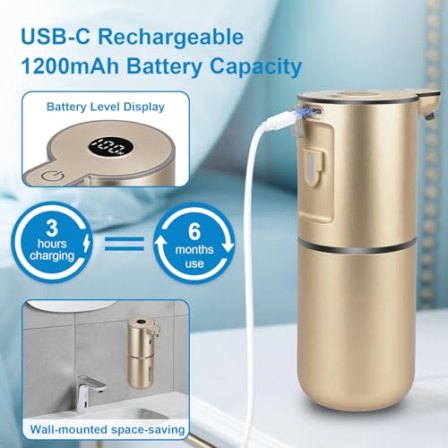 OHIFAST Automatic Foaming Soap Dispenser Touchless, USB Rechargeable Smart Hand Soap Dispenser, 6-Level Adjustable, 12.8oz/380mL Wall Mounted for Bathroom Kitchen Dish Soap-Gold - color: Gold, style: Foam
