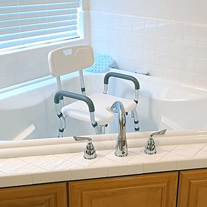Deluxe Armed Shower & Bath Chair with Back & Arms, Snap On Tool Free Assembly, Lightweight & Seat Height Adjustable, Great for Travel (Hygienic with Back)