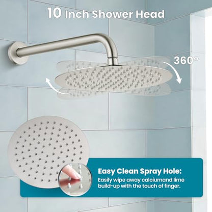 gotonovo Shower Faucet Set with Rough-in Valve Trim Kit,Brushed Nickel | 10 Inch Round Rain Showerhead with Handheld Spray,Bathroom Wall Mount Shower System Complete Combo,2-in-1 Diverter,All Metal - color: Nickel