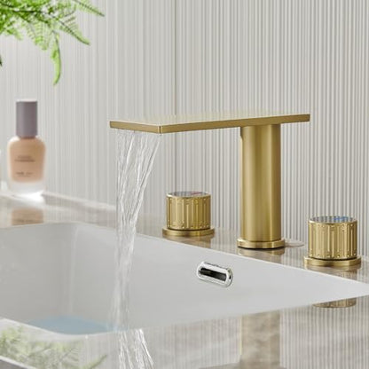 becola Brushed Gold Bathroom Faucet 3 Hole, 8 inch Widespread Bathroom Faucet with Top Storage, Waterfall Bathroom Faucet，2-Handle Modern Vanity Faucet with Adjust Knobs and Two Supply Lines - color: Gold
