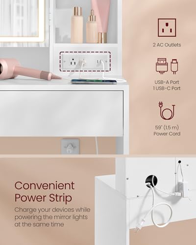 VASAGLE KAILYN Collection - Vanity Desk with Power Outlets, Makeup Vanity with Mirror and Lights, Upholstered Vanity Stool, 6 Compartments, 2 Drawers, for Bedroom, Cloud White URDT031WB02S - style: 35.4"W 2 Drawers Vanity Desk - Cloud White