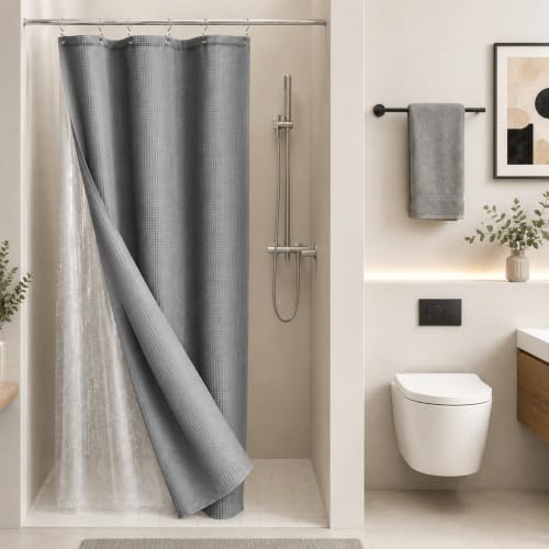 LaCyan Waterproof Waffle Shower Curtain, 258GSM Heavy Duty 3 Piece Set with Clear Liner and 6 Stainless Steel Hooks, Polyester Fabric Shower Curtains for Bathroom, Machine Washable, 36x72 Inch, Grey - color: Grey, size: 36"W x 72"L (Pack of 1)