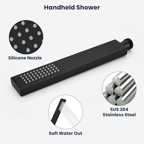 gotonovo Rainfall Shower System with Full Body Jets 4pcs Matte Black | 12’’ Rainfall Shower Head with Handheld Spray Combo,Wall Mount,Rough-in Valve and Trim Kit,Brass Body Message Jets,All Metal - color: Black